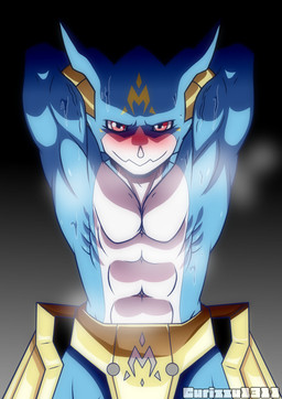 abs anthro armor big_muscles blue_body blush bodily_fluids clothed clothing hands_behind_head looking_at_viewer male male_anthro muscular muscular_anthro muscular_male musk musky_armpit obliques pecs red_eyes solo sweat sweaty_body topless topless_anthro topless_male triceps curizzu_1311 bandai_namco digimon digimon_(species) magnamon scalie 2026 absurd_res digital_drawing_(artwork) digital_media_(artwork) hi_res