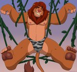 4_toes anthro armpit_hair bedroom_eyes body_hair bottomwear clothed clothing feet front_view loincloth loincloth_only looking_at_viewer male mane narrowed_eyes nipples pawpads paws plant red_mane seductive smile smiling_at_viewer smirk smirking_at_viewer solo spread_arms spread_legs spreading suggestive suspension tail toes topless vines ethancostas disney the_lion_king simba_(the_lion_king) felid lion mammal pantherine absurd_res full-length_portrait hi_res portrait