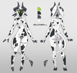 black_spots breasts butt female horn machine screen screen_face solo spots tail text text_on_body white_body emmyliquid animal_humanoid bovid bovid_humanoid bovine bovine_humanoid cattle_humanoid humanoid mammal mammal_humanoid robot robot_humanoid character_name hi_res model_sheet
