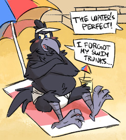 anthro barefoot beach_towel beverage blue_eyes blush briefs briefs_only clothed clothing duo embarrassed feet hat headgear headwear humiliation male monotone_briefs monotone_clothing monotone_underwear offscreen_character open_mouth outside pattern_towel sand speech_bubble striped_towel striped_umbrella stripes text tighty_whities tongue_showing toony topless topless_male towel underwear underwear_only visor_cap white_briefs white_clothing white_hat white_headwear white_underwear white_visor yellow_sand yellow_sclera mushketeery avian bird corvid corvus_(genus) crow oscine passerine english_text hi_res