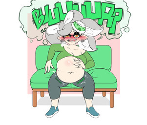 after_vore blush breasts clothing female female_pred green_clothing green_shirt green_topwear grey_hair hair overweight shirt sitting solo topwear vore yellow_eyes dwps nintendo splatoon marie_(splatoon) aquatic cephalopod inkling mollusk 2021 hi_res