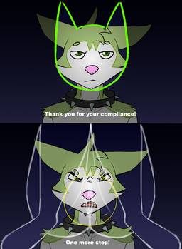 ambiguous_gender angry anthro collar dark fur genitals green_body green_eyes green_fur knees_up low_light mouth_closed open_mouth paws pink_nose solo spiked_collar spikes text verification vulva white_body white_fur sillydraco face_verification_meme byte_fantail_(character) canid canine canis domestic_dog husky mammal nordic_sled_dog spitz absurd_res hi_res meme