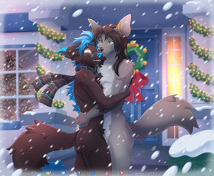 anthro black_body black_fur black_hair blue_hair building duo eyewear fur glasses green_eyes grey_body grey_fur hair holidays house hug hugging_another long_hair male male/male outside romantic romantic_couple scarf smile smiling_at_another smiling_at_partner snow snowing tail toothy_smile wearing_glasses winter wreath yellow_eyes sioteru christmas leon_(leonjackyl) anubian_jackal canid canine canis domestic_dog fox husky hybrid jackal mammal nordic_sled_dog spitz wolf hi_res watermark