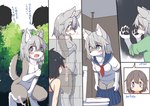 anthro before_and_after blush bodily_fluids breasts clothing countershading detailed_background embarrassed female female_peeing fur genital_fluids grey_body grey_fur grey_hair hair hand_on_breast human_to_anthro nude paws peeing school_uniform solo species_transformation tears text toilet transformation uniform urine urine_stream koorinezumi canid canine canis human mammal wolf colored hi_res japanese_text translated