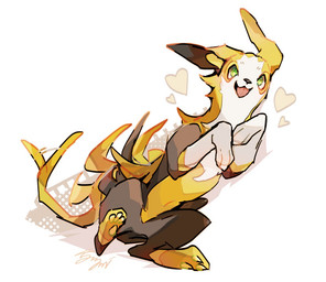 ambiguous_gender featureless_crotch feral fur green_eyes grey_body grey_fur heart_symbol looking_at_viewer lying multicolored_body on_side pawpads paws simple_background solo tail tail_motion tailwag tongue tongue_out white_body white_fur yellow_body yellow_fur kanami071421 nintendo pokemon boltund generation_8_pokemon pokemon_(species) 2025 signature