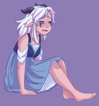 clothed clothing dress eyebrows facial_markings female hair half-closed_eyes head_markings horn humanoid_pointy_ears long_hair markings narrowed_eyes one_eye_closed pointy_ears purple_background simple_background sitting solo thick_eyebrows tired white_hair tamak0 the_dragon_prince rayla_(the_dragon_prince) elf humanoid moonshadow_elf hi_res