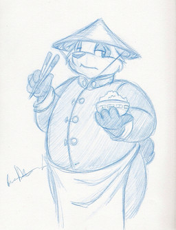 4_fingers anthro apron asian_clothing belly biped bottomwear bowl chinese_clothing chopsticks clothed clothing container east_asian_clothing eating fingers food half-closed_eyes hat headgear headwear holding_bowl holding_chopsticks holding_container holding_food holding_object loincloth looking_aside male narrowed_eyes overweight overweight_anthro overweight_male rice shirt simple_background solo standing topwear white_background unknown_artist unknown_artist_signature bear giant_panda mammal monochrome signature source_request