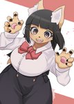 5_fingers anthro big_breasts black_hair black_nose blush bottomwear bow_tie breasts brown_eyes claws clothed clothing collared_shirt eyebrow_through_hair eyebrows fangs female female_anthro finger_claws fingers fur hair huge_breasts inner_ear_fluff kemono long_hair looking_at_viewer open_mouth open_smile pawpads shirt skirt smile solo teeth tight_clothing tongue topwear translucent translucent_hair tuft white_body white_fur yellow_body yellow_fur arumo komena_akamori canid canine fox mammal 2021 digital_media_(artwork) hi_res signature