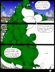 2004 anthro belly big_belly blue_eyes body_size_growth building claws color_edit colored comic dialogue dnapalmhead dragon english_text giga green_body green_scales growth huge_belly landscape_dwarfing macro male muscle_growth musclegut muscular muscular_anthro muscular_male mythological_creature mythological_scalie mythology obese obese_anthro obese_male overweight overweight_anthro overweight_male redsaber scales scalie size_transformation smile solo speech_bubble tail text third-party_edit traditional_media_(artwork) transformation