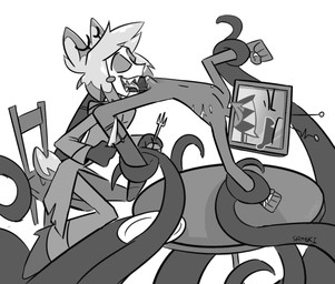 4_fingers ahegao andromorph andromorph/male antennae_(anatomy) antlers bdsm big_clitoris bodily_fluids bondage bottomwear bound chair clitoris clothed clothed/nude clothing crossgender cunnilingus cutlery dominant dominant_male drooling duo electronics erect_clitoris eye_roll eyes_closed eyewear fingers fist footwear for_a_head fork fully_clothed furniture genitals hair holding_fork holding_knife holding_object horn intersex intersex/male kitchen_utensils knife looking_pleasured male mastectomy_scar medium_hair monocle mta_crossgender mti_crossgender nipples nude one_eye_closed open_mouth open_smile oral pants plate pointy_ears prick_ears questionable_consent restrained restrained_arms restrained_by_tentacles restrained_legs restraints saliva saliva_string scar screen screen_face sex sharp_teeth shoes short_tail simple_background sitting skinny smile submissive submissive_andromorph submissive_intersex suit suspended_via_tentacles suspension suspension_bondage table tail tears teeth television tentacle_around_arm tentacle_around_leg tentacles tentacles_around_arms tentacles_around_legs tentacles_everywhere tongue tongue_out tools vaginal vulva white_background shmoki hazbin_hotel hellaverse alastor_(hazbin_hotel) vox_(hazbin_hotel) animal_humanoid deer deer_humanoid demon humanoid mammal mammal_humanoid object_head screen_head tv_head monochrome signature trans_(lore) trans_man_(lore)