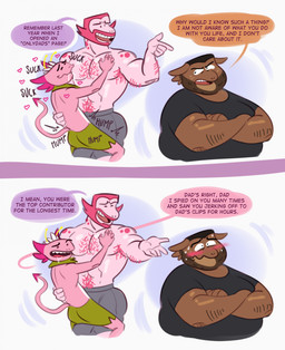 age_difference anthro armpit_hair beard belly black_hair blush body_hair chest_hair dialogue dry_humping embarrassed facial_hair gay_dads group hair hairy holding_another male male/male mature_male muscular muscular_anthro nipple_fetish nipple_play nipple_suck older_male pink_body pink_hair slim_anthro speech_bubble sucking text trio younger_male lotolotl loto_(lotolotl) amphibian aquatic axolotl mole_salamander salamander comic english_text hi_res father_(lore) father_and_child_(lore) father_and_son_(lore) incest_(lore) parent_(lore) parent_and_child_(lore) parent_and_son_(lore) son_(lore)