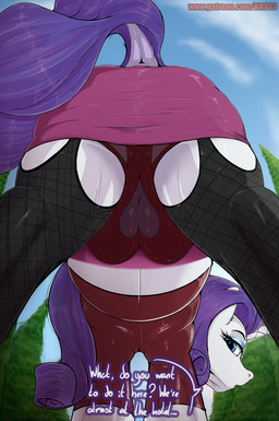 all_fours big_butt big_teats bottomwear butt cleavage_cutout clothed clothed_feral clothing cutout dialogue explicit_version_at_paywall eyebrows eyelashes female feral horn legwear looking_at_viewer looking_back looking_through looking_through_legs looking_through_legs_at_viewer low-angle_view mane miniskirt nipple_outline open_mouth outside panties pink_miniskirt plant purple_eyes purple_mane purple_tail skirt solo standing stockings tail talking_to_viewer teat_bra teat_cleavage teats text thigh_highs topwear tree underwear unicorn_horn worm's-eye_view br333 friendship_is_magic hasbro my_little_pony mythology rarity_(mlp) equid equine mammal mythological_creature mythological_equine unicorn 2026 absurd_res alternate_version_at_paywall artist_name english_text hi_res url
