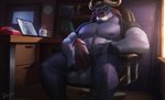 2020 anthro asgore_dreemurr balls bottomwear bovid bovine cape_buffalo chair chief_bogo circumcised clothing computer container cup desk detailed_background disney drawller electronics erection furniture genitals hi_res horn laptop male mammal mature_anthro mature_male nipples pants penis sitting solo steam table undertale undertale_(series) zootopia