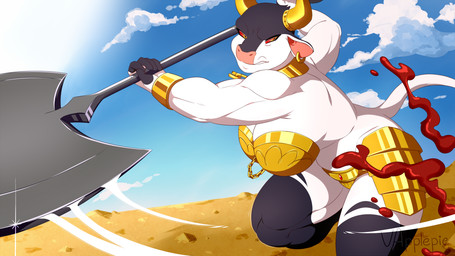 angry anthro armor axe blood bodily_fluids cloud duo ear_piercing ear_ring female holding_axe holding_object horn muscular muscular_female outside piercing ring_piercing white_body vapplepie european_mythology greek_mythology mythology bovid bovine cattle mammal minotaur hi_res