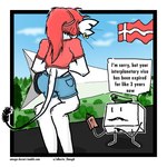 anthro black_outline border danish_flag dialogue duo female forest forest_background humor long_legs male nature nature_background outline piercing plant ring_piercing sky spacecraft tail text tree vehicle white_border alberto_omega voices_of_the_void fan_character ariral felid feline humanoid mammal 1:1 comic english_text url