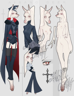 anthro cape clothed clothing cross cross_necklace featureless_crotch female grey_eyes hair jewelry looking_at_viewer mouth_closed multicolored_eyes necklace nude red_eyes simple_background solo two_tone_eyes uniform white_body white_hair shermugi 2020 hi_res model_sheet
