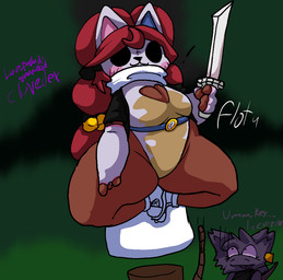 anthro bell bell_accessory bodysuit clothing duo female floating gloves handwear jacket mask melee_weapon scarf skinsuit solo_focus sword swordswoman tight_clothing topwear weapon clovedex background_character key_(clovedex) domestic_cat felid feline felis mammal