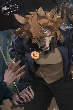 ambiguous_gender anthro black_body black_clothing black_fur black_jacket black_topwear blue_eyes breasts brown_body brown_fur claws clothing duo ear_piercing eye_scar facial_scar fangs female finger_claws fur holding_object holding_umbrella jacket leather leather_clothing leather_jacket leather_topwear looking_at_viewer multicolored_body multicolored_fur piercing purple_sclera scar smile speech_bubble tan_body tan_fur tan_inner_ear teeth topwear umbrella telson mythology kuon_(telson) canid canine canis human mammal mythological_canine mythological_creature werecanid werecanine werecreature werewolf wolf hi_res