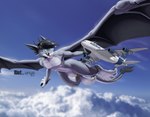 above_clouds aircraft airplane anthro athletic athletic_anthro athletic_male big_feet big_penis claws cloud collar fangs feet flying genitals grey_body grey_scales hair huge_feet macro male membrane_(anatomy) membranous_wings nude penis scales sky skyscape solo spiked_collar spikes tail tail_tuft teeth tuft vehicle wings kencougr airbus airbus_a380 mythology riot_(cougr) dragon mythological_creature mythological_scalie scalie 2017