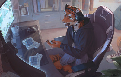 anthro biped bottomwear chair claws clothed clothed_anthro clothed_male clothing computer_keyboard fingers fully_clothed fully_clothed_anthro fully_clothed_male fur furniture inside male open_mouth solo tail teeth tongue topwear eruca felid mammal pantherine tiger 2025 digital_drawing_(artwork) digital_media_(artwork)