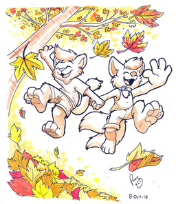 anthro autumn barefoot bottomwear cheek_tuft clothed clothing collar duo eyes_closed facial_tuft feet front_view hair happy jumping leaf logo male male_anthro open_mouth open_smile outside plant playful shirt short_hair shorts smile t-shirt topwear tree tuft young young_anthro young_male pandapaco canid canine felid mammal 2016 artist_logo dated partially_colored signature