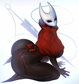 5_fingers all_fours anthro big_breasts big_butt black_body bodily_fluids bow_ribbon breasts butt cloak clothed clothing curvy_figure eyelashes female fingers glistening glistening_body high-angle_view horn hornet's_needle looking_at_viewer narrowed_eyes panties red_cloak red_clothing simple_background skimpy small_waist solo sweat underwear white_background noizen hollow_knight_(franchise) team_cherry hornet_(hollow_knight) arthropod 2025 dated digital_media_(artwork) watermark