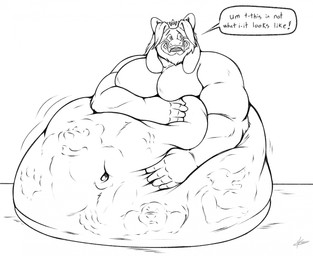 abdominal_bulge anthro beard belly big_belly blush facial_hair horn huge_belly male male_pred mature_male multiple_prey muscular muscular_arms muscular_male navel oral_vore pecs prey_outline same_size_vore text vore huttsergreywolf undertale_(series) asgore_dreemurr bovid caprine goat mammal absurd_res english_text hi_res monochrome