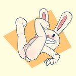 anthro anus balls biped blush erection genitals legs_up lying male on_back penis simple_background smile solo white_body gemsum sam_and_max max_(sam_and_max) lagomorph leporid mammal rabbit low_res