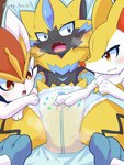 3:4 absurd_res ambiguous_gender anthro bed bedding blush bodily_fluids bottomwear braixen cinderace clothing curious diaper embarrassed feral furniture generation_4_pokemon generation_6_pokemon generation_7_pokemon generation_8_pokemon genital_fluids group hand_on_diaper hi_res legendary_pokemon lucario lying nintendo on_back open_mouth paws pillow pokemon pokemon_(species) shocked shocked_expression smile spread_legs spreading steam teeth tongue touching_diaper trio underwear urine wadorigi wet_diaper wetting zeraora