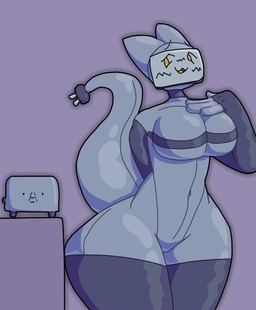 appliance big_breasts big_tail blush blush_lines bra breasts choker clothing electrical_plug electrical_plug_tail featureless_crotch female gloves_(marking) hand_on_back hand_on_breast huge_hips huge_thighs jewelry kitchen_appliance leg_markings machine markings midriff necklace screen screen_face simple_background socks_(marking) solo standing tail thick_thighs toaster underwear wide_hips 6saw789 catv_(6saw789) animal_humanoid cat_humanoid felid felid_humanoid feline feline_humanoid humanoid living_machine mammal mammal_humanoid 2024 absurd_res hi_res shaded