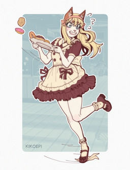 accessory anthro blush cafe clothing falling female food footwear frilly frilly_clothing fur hair headband high_heels holding_food holding_object legwear looking_down maid_uniform open_mouth shoes simple_background smile tail teeth uniform kikoepi felid feline mammal hi_res