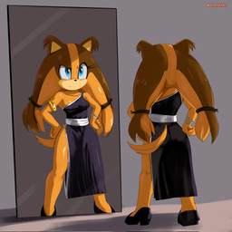 anthro arm_ring black_clothing black_dress blue_eyes bracelet breast_play breasts clothing dress eyebrows eyelashes female footwear hands_on_hips high_heels jewelry looking_at_mirror looking_at_object mirror raised_eyebrow shoes slit_dress solo tail text soranygyart sega sonic_boom sonic_the_hedgehog_(series) sticks_the_jungle_badger badger mammal mustelid musteline 1:1 artist_name hi_res