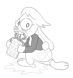 anthro bottomwear candy chocolate clothed clothing dessert eating eating_candy eating_chocolate eating_food eyelashes female food fur hair holding_candy holding_chocolate holding_food holding_object long_ears looking_at_viewer messy_eater open_mouth pants shirt simple_background solo tail topwear triangle_nose white_body rumcoat dell_(stone_avenue) lagomorph leporid mammal rabbit digital_media_(artwork) monochrome