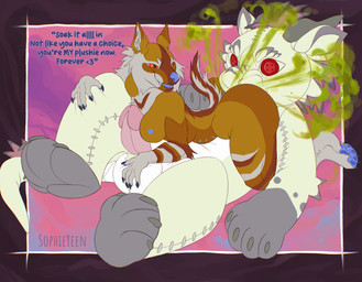 anthro breasts dominant dominant_female duo fart fart_cloud fart_fetish farting_in_mouth farting_on_another farting_on_face female genitals green_fart_cloud grinding male male/female masturbation penis plushie plushie_humping plushie_transformation plushification plushophilia text transformation sophieyeen absurd_res english_text hi_res