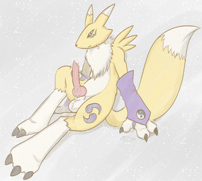 animal_genitalia animal_penis anthro balls blue_eyes canine_genitalia canine_penis claws genitals knot knotted_penis looking_at_viewer male neck_tuft penis solo tail tuft yellow_body p.v.su bandai_namco digimon canid canine digimon_(species) fox mammal renamon true_fox hi_res