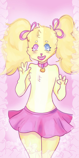 anthro blue_eyes clothing collar female happy heterochromia pigtails pink_clothing pink_collar pink_eyes pink_hair_bow pink_nose smile smiling_at_viewer solo yellow_body young young_anthro young_female anonymous_artist dollie_(triixs) bird_dog canid canine canis cocker_spaniel domestic_dog hunting_dog mammal spaniel hi_res