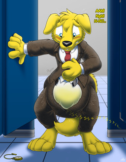accessory anthro barefoot bathroom belt big_diaper biped blonde_hair blue_eyes blush bodily_fluids bottomwear brown_bottomwear brown_clothing brown_jacket brown_pants brown_suit brown_topwear clock clothed clothing dialogue diaper diaper_under_clothing feet fur genital_fluids hair inside jacket male necktie pants solo sound_effects standing suit surprised sweat sweatdrop teeth text topwear torn_belt unclean_diaper urine used_diaper using_diaper watch wearing_diaper wet_diaper wetting wetting_diaper yellow_body catmonkshiro centzon bird_dog canid canine canis domestic_dog golden_retriever hunting_dog mammal retriever absurd_res english_text hi_res