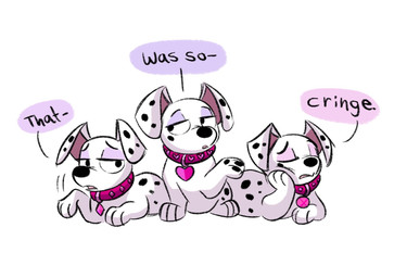 black_nose black_spots collar eyeshadow female feral fur group half-closed_eyes makeup markings mole_(marking) narrowed_eyes pawpads pink_collar pink_eyeshadow pink_inner_ear speech_bubble spots trio white_body white_fur young jayiguess 101_dalmatian_street 101_dalmatians disney dallas_(101_dalmatians) deja_vu_(101_dalmatians) destiny_(101_dalmatians) triple_d_(101_dalmatians) canid canine canis dalmatian domestic_dog mammal hi_res