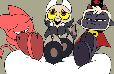 2_toes anthro bell bone bone_mask cloven_hooves crown feet female foot_fetish foot_focus group headgear hooves male mask purple_eyes red_body skull skull_mask toes trio yellow_sclera young young_female young_male aaron_amethyst cult_of_the_lamb disney massive_monster_(studio) satina_(series) the_owl_house king_clawthorne lamb_(cult_of_the_lamb) satina bovid caprine imp mammal sheep titan_(the_owl_house) hi_res