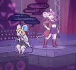 anthro blonde_hair clothed clothing controller dialogue duo electronics eyewear female glasses hair inner_ear_fluff inside microphone midriff open_mouth purple_hair remote_control screwdriver short_hair sitting speech_bubble stage tail text tools tuft keffotin animal_crossing nintendo rivals_of_aether petri_(animal_crossing) pomme_(rivals_of_aether) mammal mouse murid murine rodent 2023 artist_name comic crossover digital_media_(artwork) english_text hi_res