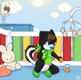 anthro brown_hair clothing cube detailed_background diaper footwear green_clothing green_footwear green_shirt green_socks green_t-shirt green_topwear hair holding_object holding_plushie kindergarten male plushie shirt socks solo t-shirt toddler topwear young young_male bravobunny mammal mephitid skunk