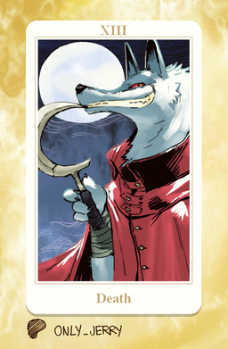 anthro black_claws black_finger_claws black_nose claws clothed clothing finger_claws fur grin looking_at_viewer moon red_clothing red_eyes sickle smile solo teeth text wraps wrist_wraps dahecksajerry dreamworks puss_in_boots_(franchise) death_(puss_in_boots) canid canine canis mammal wolf english_text