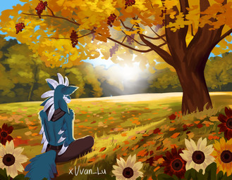 4_ears anthro autumn autumn_leaves biped blue_body blue_feathers claws clothed clothing feathered_wings feathers flower forest forest_background male mohawk multi_ear nature nature_background plant poncho relaxing resting sitting solo sunflower tail tail_feathers tree white_body white_feathers winged_arms wings van-lu rogue_emberwing avali avian absurd_res digital_media_(artwork) hi_res