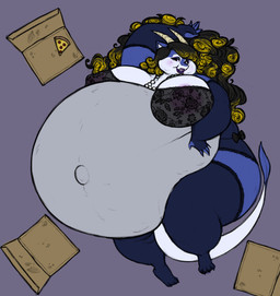 anthro arm_warmers armwear black_hair bloated box cheek_bulge chubby_cheeks clothing container curvy_figure deep_navel eyeshadow female gem hair horn huge_hair legwear lingerie lipstick lying makeup morbidly_obese multicolored_hair navel obese on_back overweight pearl_(gem) pizza_box ribbons solo stockings stuffing tail thick_thighs translucent translucent_clothing two_tone_hair voluptuous thetunafish mythology swissy dragon mythological_creature mythological_scalie scalie absurd_res hi_res