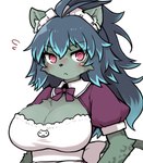 anthro bandage big_breasts blue_hair blush bodily_fluids bow_tie breasts cleavage_cutout clothing cutout female fur green_body green_fur hair hypnotic_eyes maid_uniform pink_eyes solo sweat uniform rmtwo raje_(rmtwo) felid feline leopard mammal pantherine