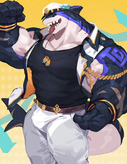anthro barazoku belt black_clothing black_shirt black_topwear bottomwear clothing grin grinning_at_viewer hat headgear headwear jacket jewelry looking_at_viewer male muscular muscular_anthro muscular_male necklace pants peaked_cap scar shirt simple_background smile smiling_at_viewer solo standing tail teeth tongue tongue_out topwear white_bottomwear white_clothing white_pants yellow_background yed xxl_woofia captain_locke_(xxl_woofia) aquatic fish shark absurd_res hi_res