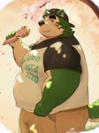 anthro belly big_belly black_nose blush bottomwear clothing food green_body hat headgear headwear kemono male musclegut muscular outside overweight overweight_male pants shirt solo text text_on_clothing text_on_shirt text_on_topwear topwear metaporin lifewonders live_a_hero mokdai canid canine canis domestic_dog mammal 2023 3:4 hi_res