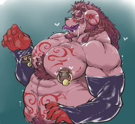 abs anthro armwear big_nipples blush bodily_fluids body_hair braided_hair braided_ponytail chest_hair clothing corruption cum cum_in_mouth cum_inside cum_on_chest drooling elbow_gloves eyebrows facial_hair genital_fluids gloves goatee hair handwear horn latex long_hair looking_pleasured male moobs muscular muscular_arms muscular_male mustache nipple_clamp nipple_piercing nipples piercing ponytail pubes saliva simple_background solo thick_eyebrows womb_tattoo exe_exem lifewonders tokyo_afterschool_summoners chernobog_(tas) bear demon mammal digital_media_(artwork)