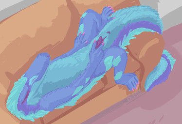 animal_genitalia anus eyes_closed feral fur furniture genital_slit genitals half-erect lying male on_back peeking_penis penis slit_penis smile sofa solo spread_slit bitteraconitum mythology dragon furred_dragon furred_scalie mythological_creature mythological_scalie scalie hi_res