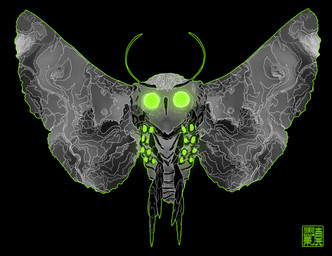 ambiguous_gender antennae_(anatomy) black_background compound_eyes feral green_eyes grey_body insect_legs insect_wings lepidopteran_wings minimalist moth_antennae simple_background solo wings makkuromurasaki glowing_mothman_(fallout) mothman arthropod cryptid insect lepidopteran moth english_description signature